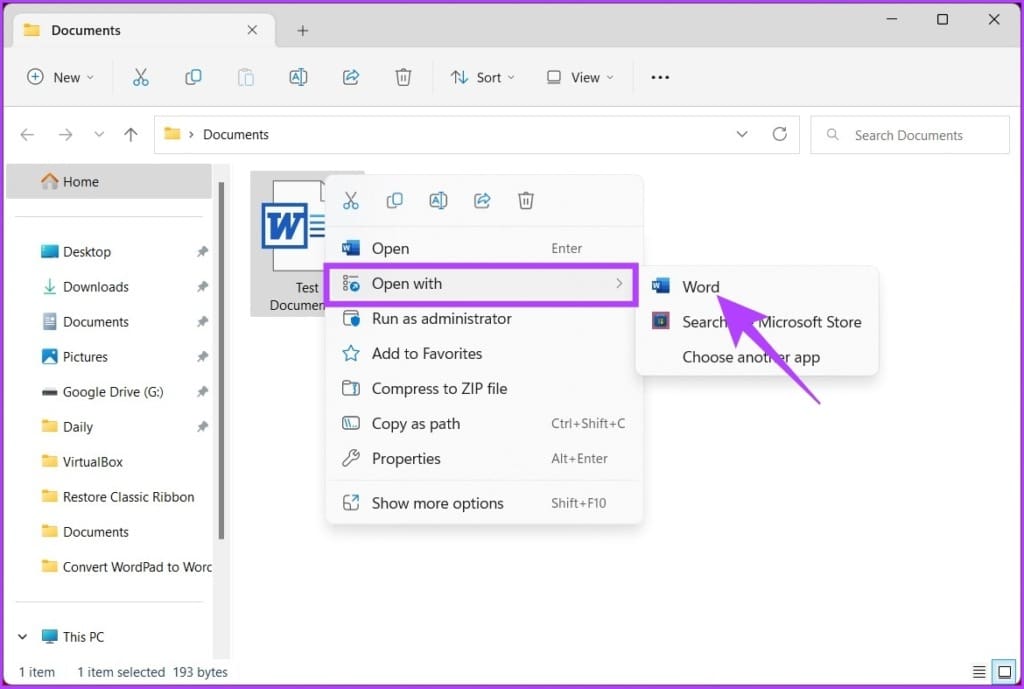 from the context menu, choose Word