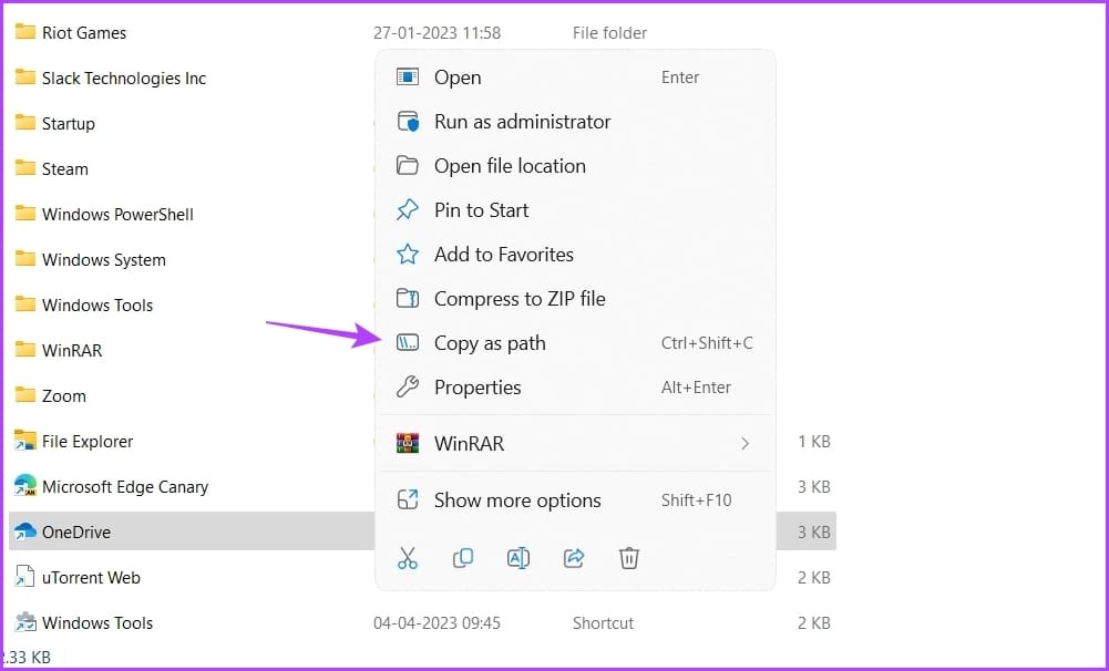 Copy as path option in File Explorer