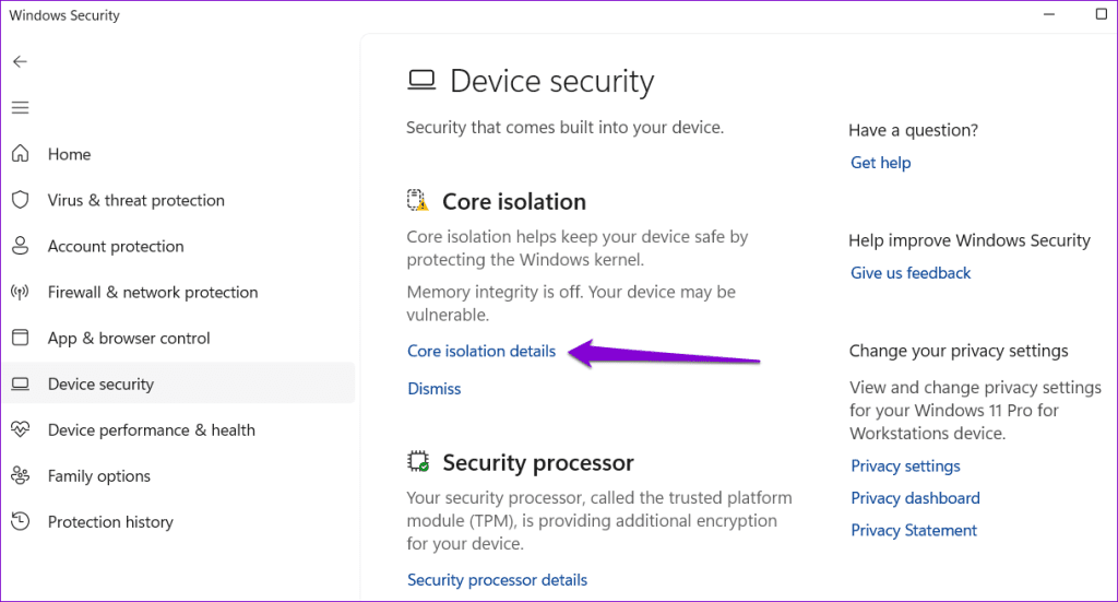 Core Isolation Details in Windows 11