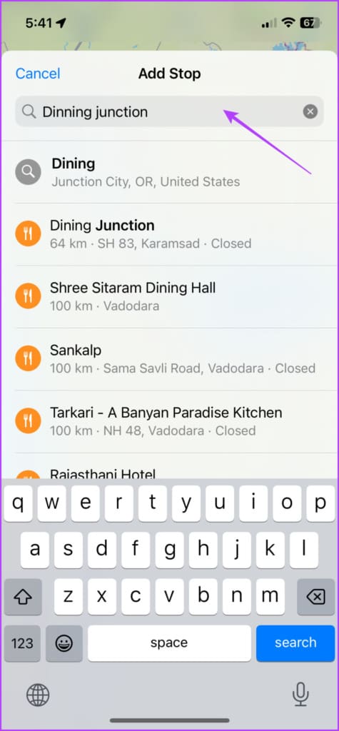 Search and select the stop to add in Apple Maps