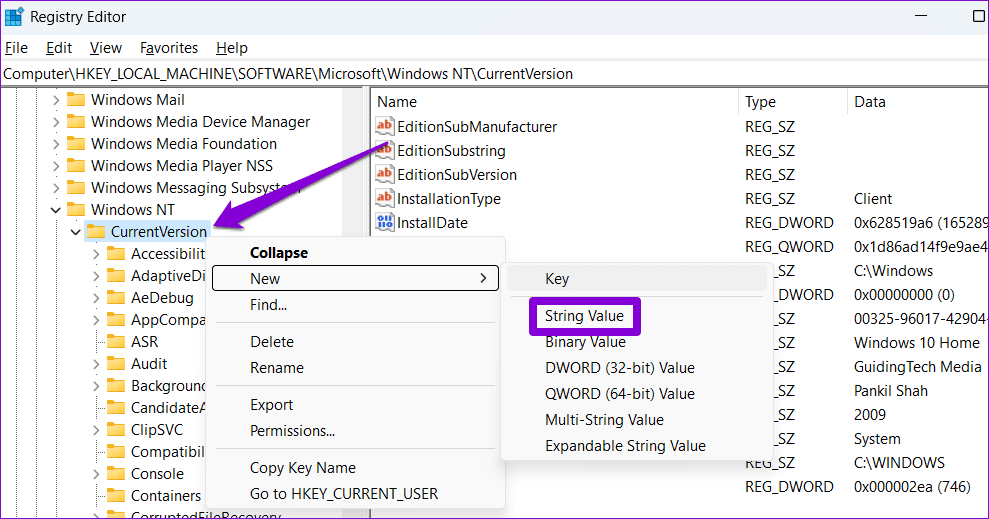 Create New String Key in Registry Editor