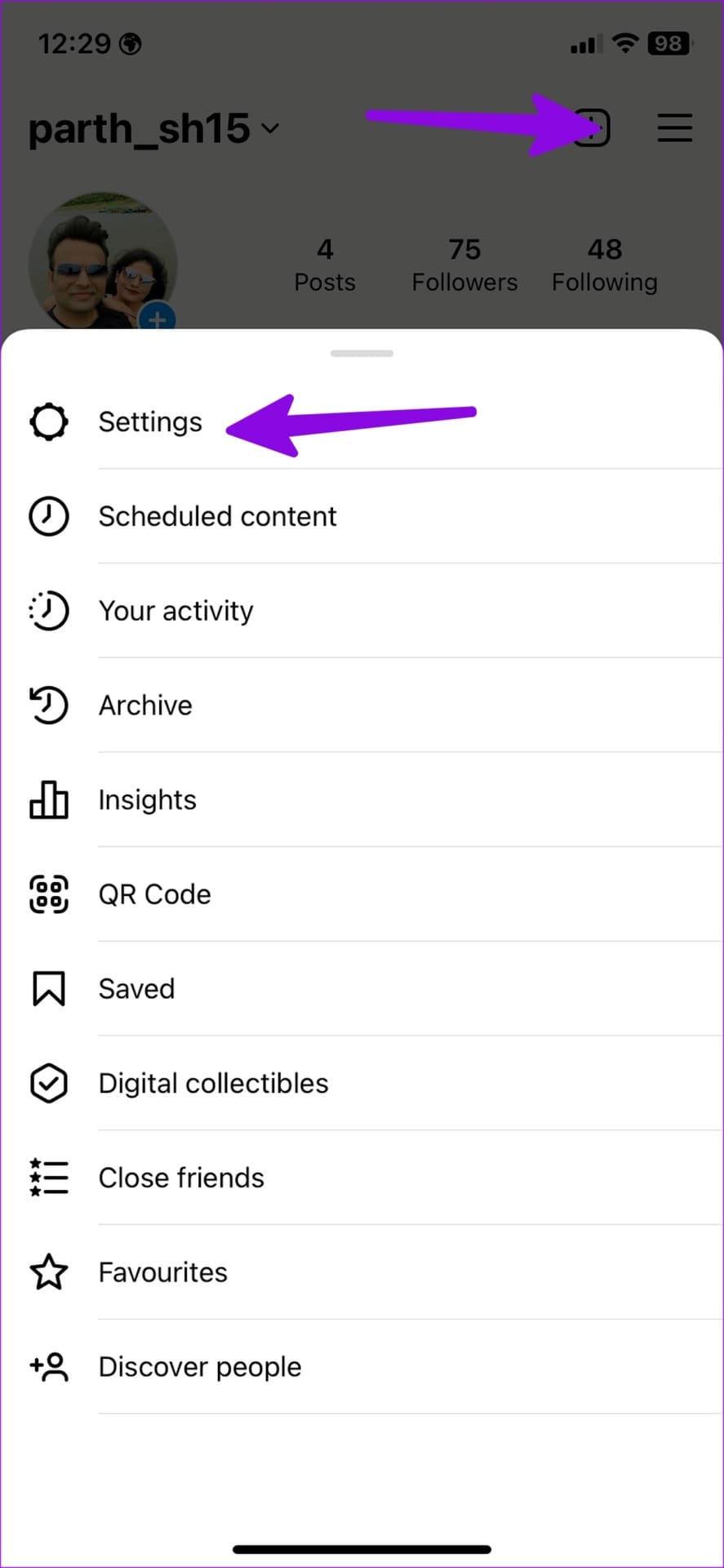 Open Instagram settings