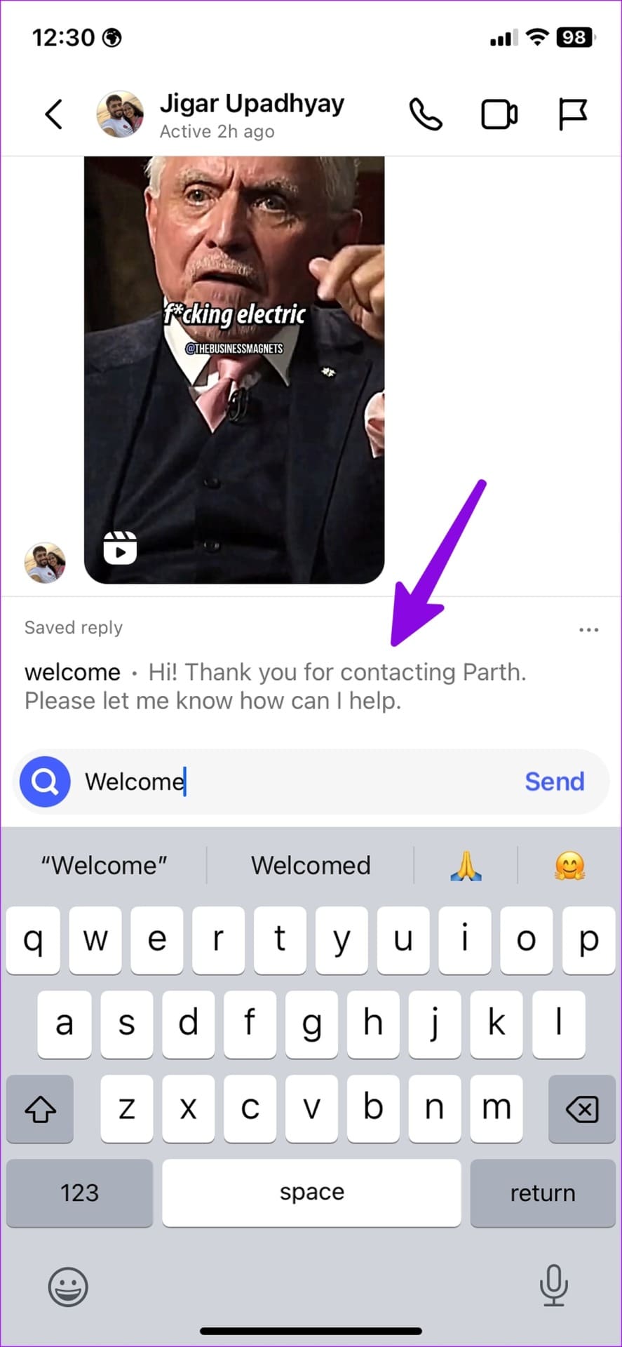 enter a saved reply on Instagram