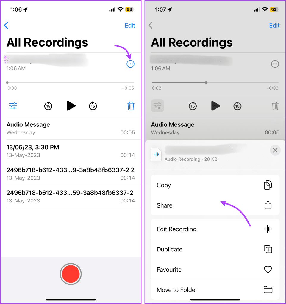 Tap the three-dot icon next to the voice memo