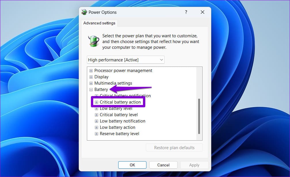 Critical Battery Action on Windows 11