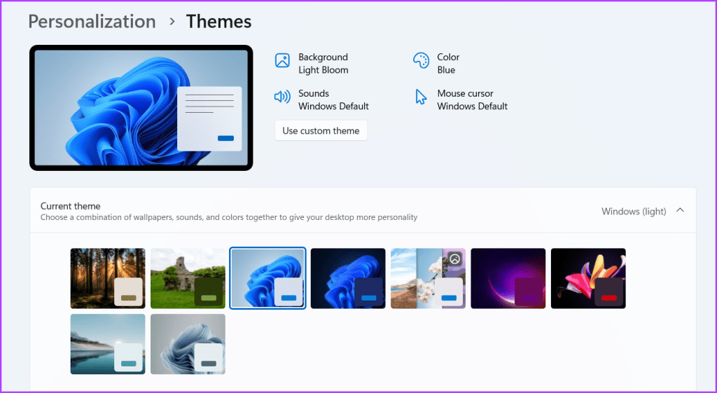 Current theme section in Settings