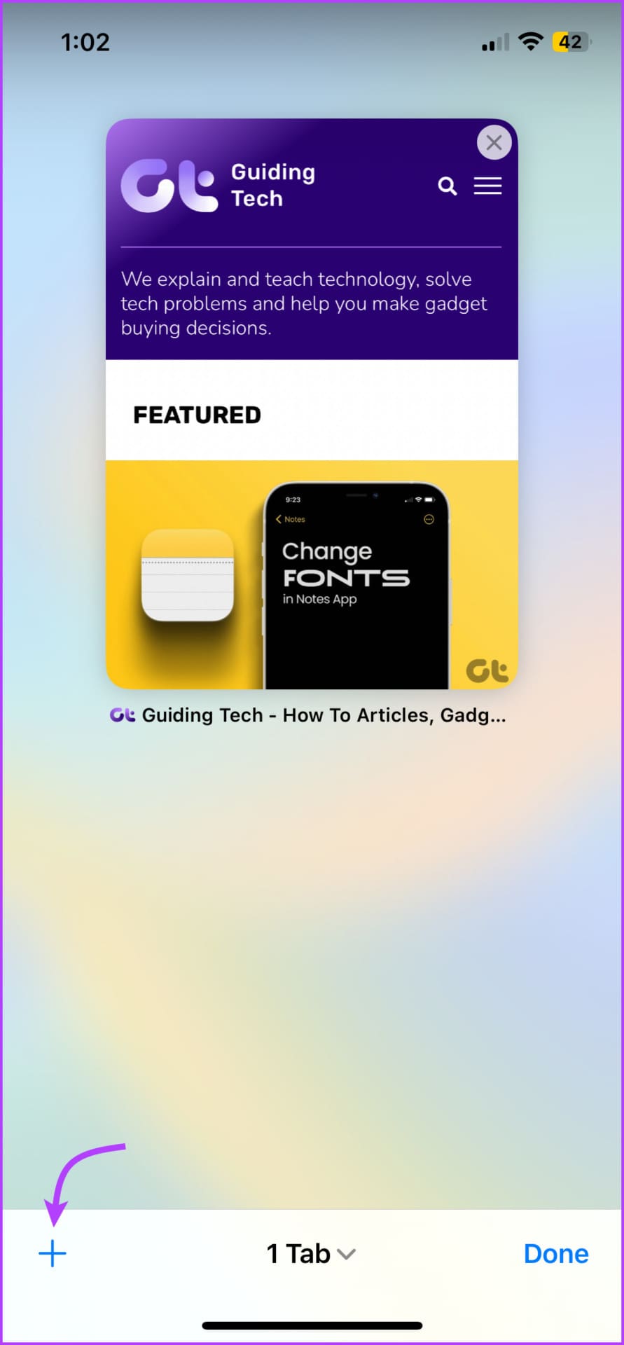 Tap + to open a new tab