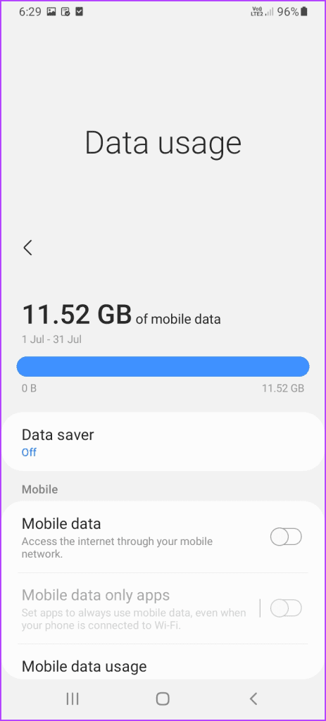 Menu showing data usage on iOS