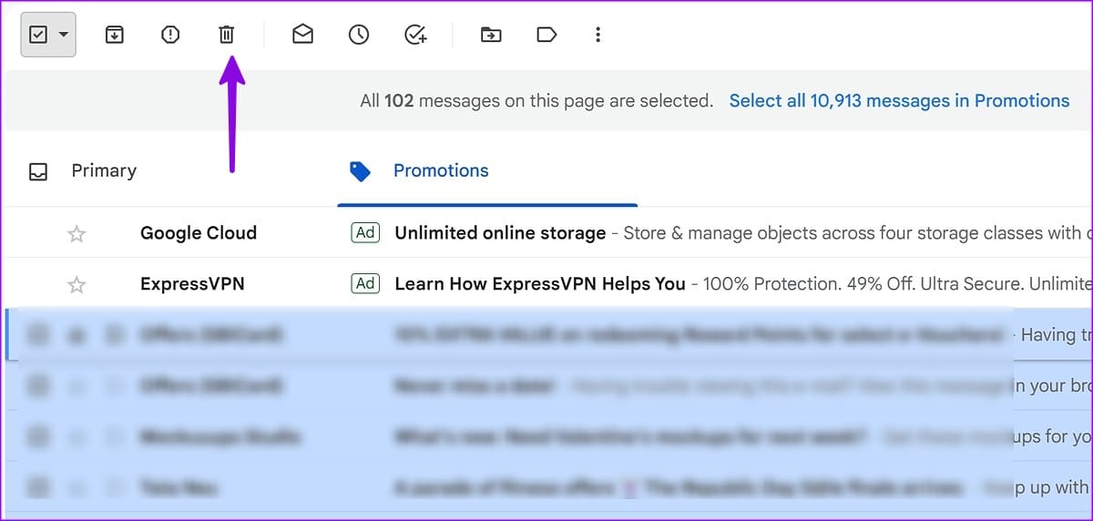 delete emails in promotion tab