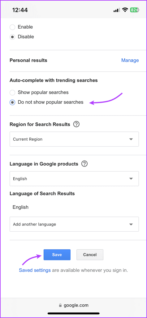 Select Do not show popular searches