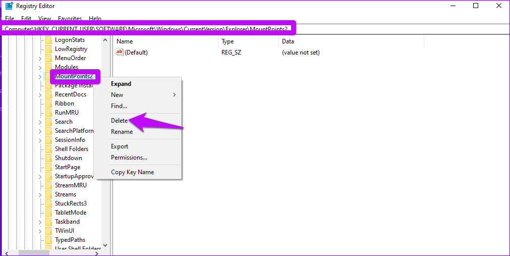 Delete Mount Point2 in Registry Editor