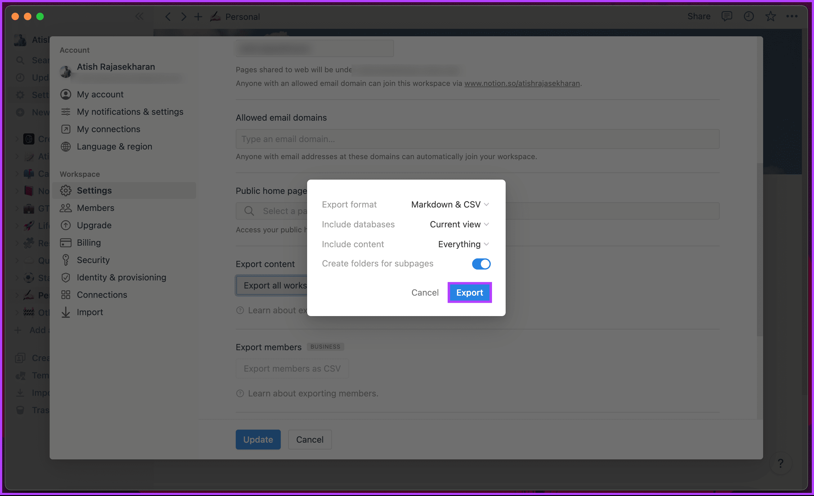 click Export