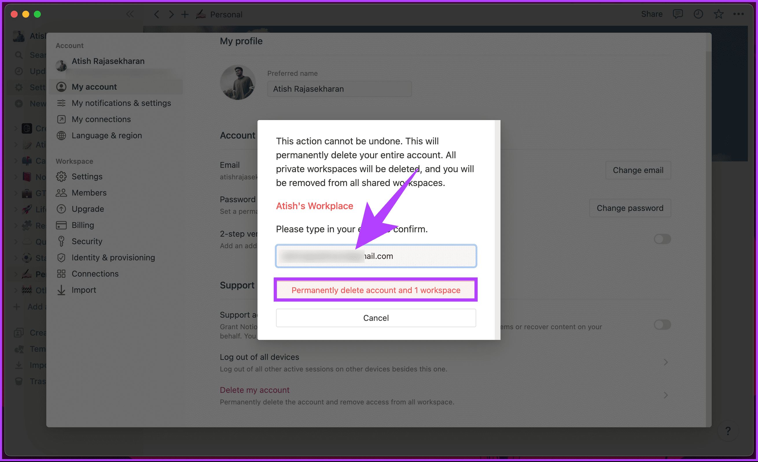click the 'Permanently delete account and [X] workspace' button