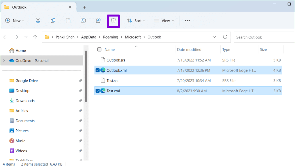 Delete Outlook XML Files