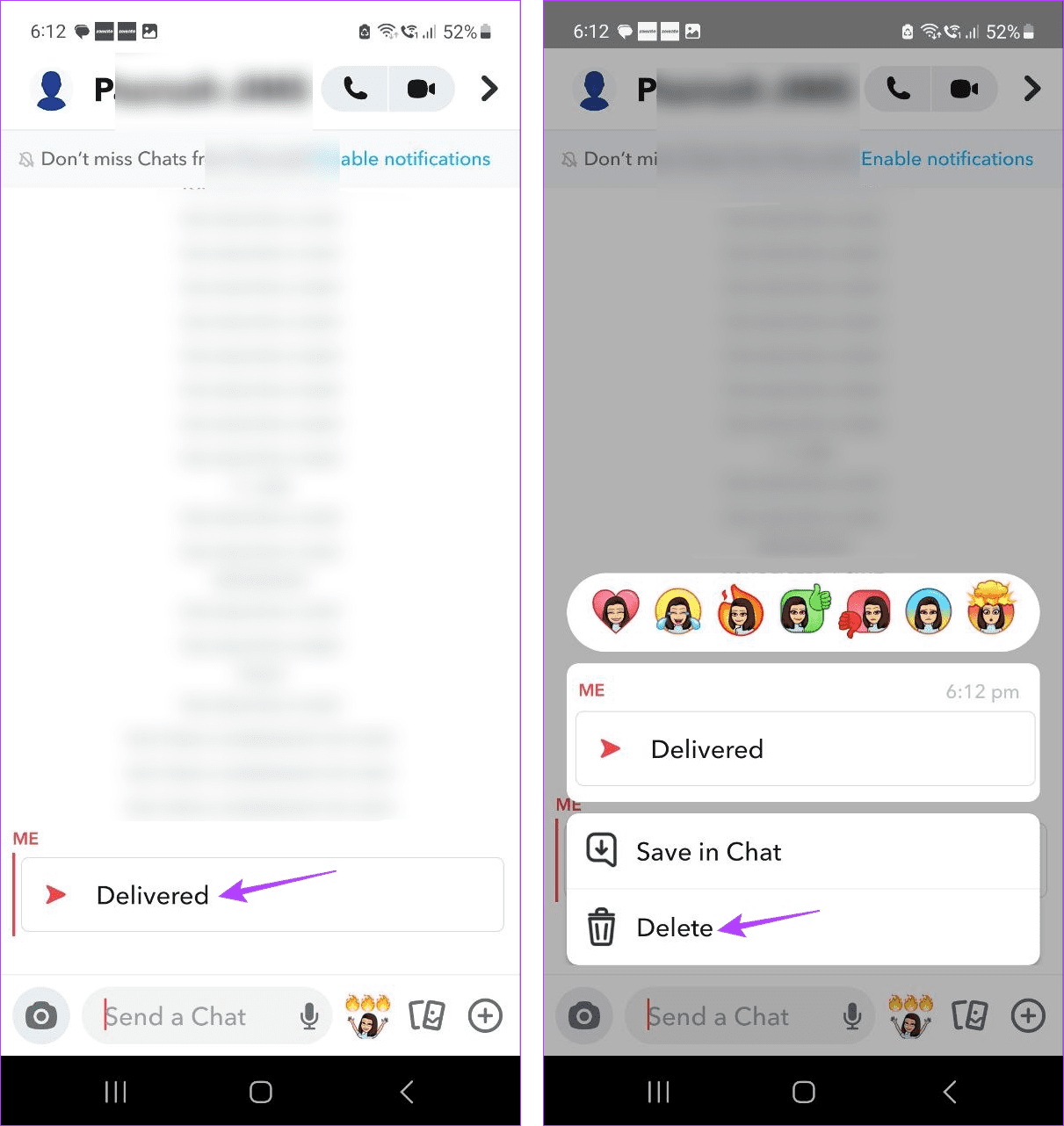 Select the Snap and tap on delete