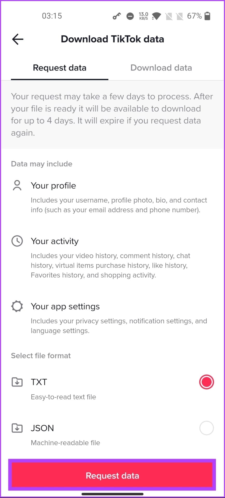 tap on Request data