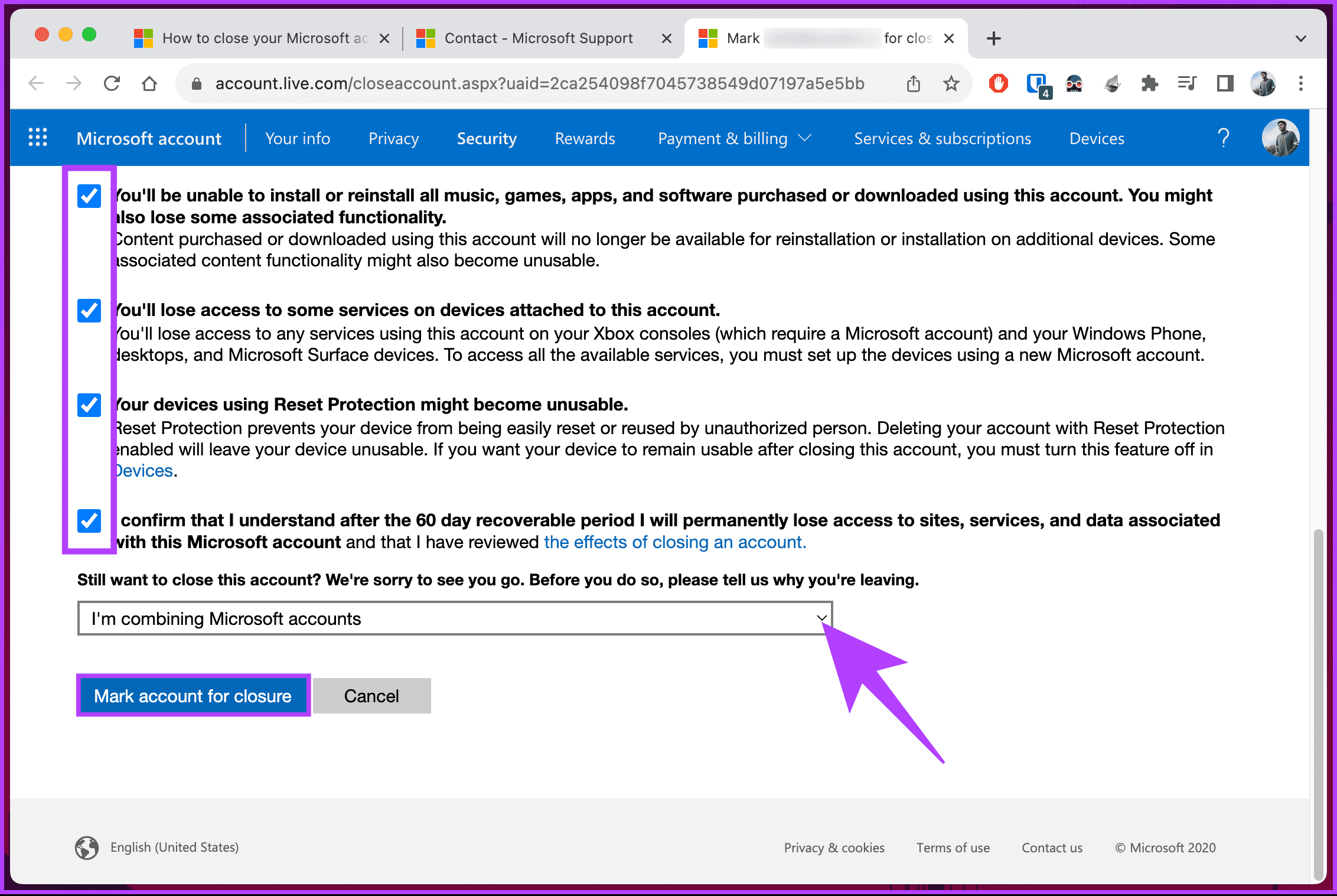 click the 'Mark account for closure' button