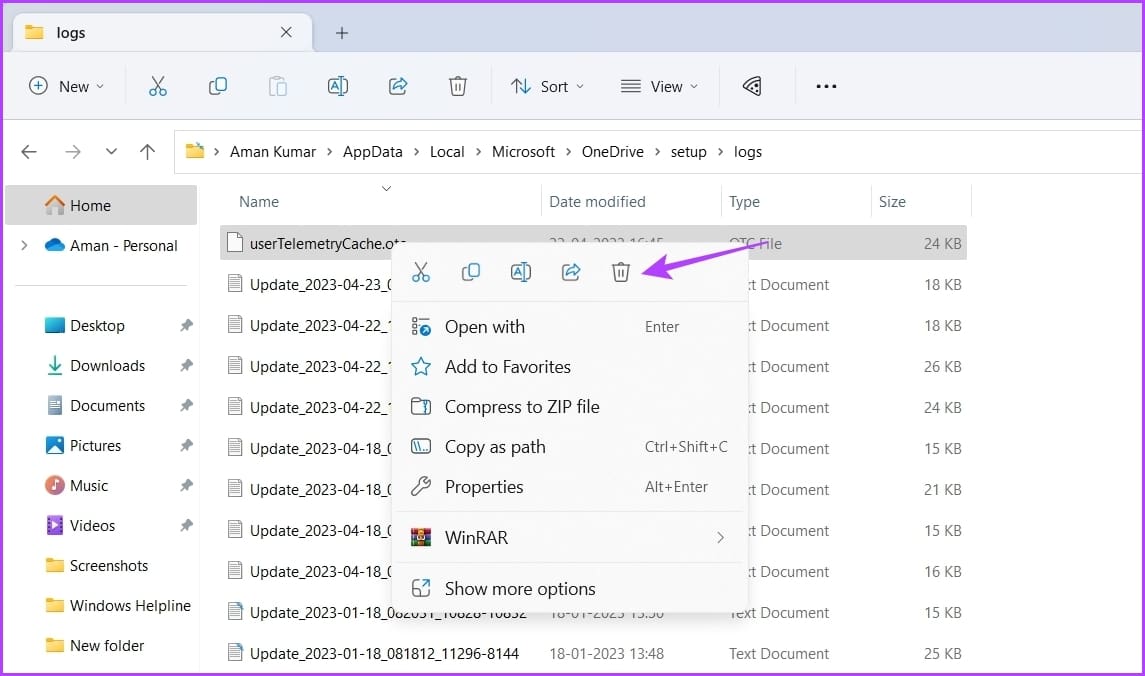 Delete icon in the Context menu