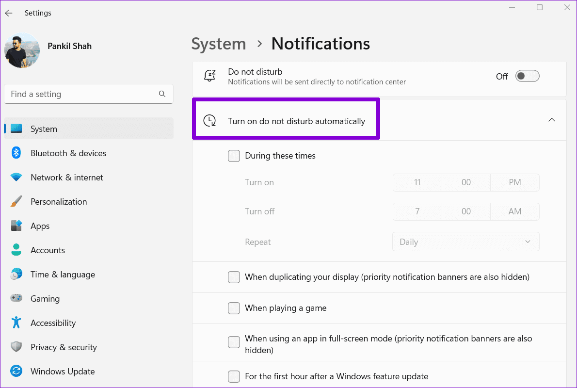 Disable Automatic Do Not Disturb on Windows 11