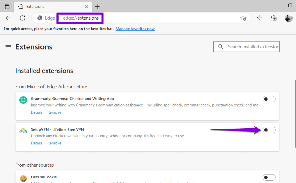 Disable Extensions in Edge