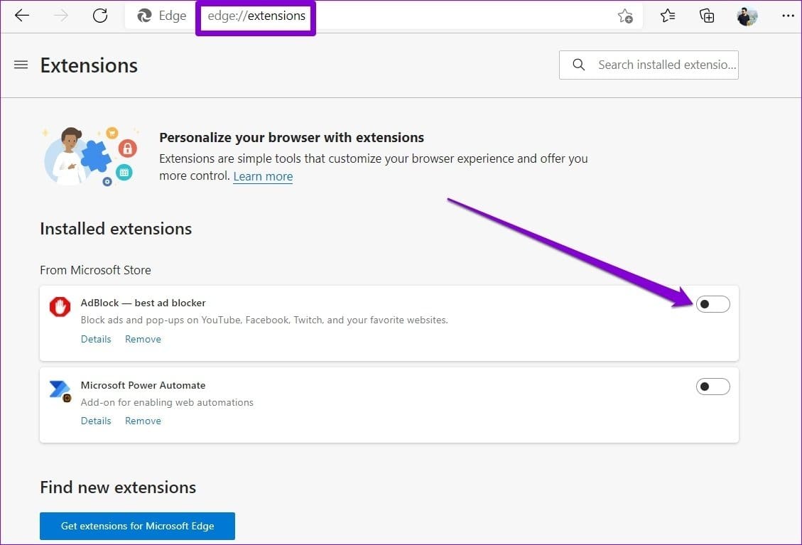 Disable Extensions on Edge