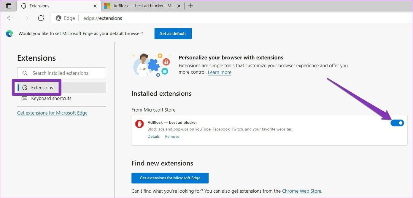 Disable Extensions on Microsoft Edge