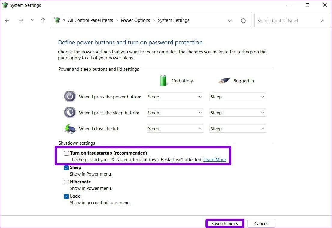 Disable Fast Startup