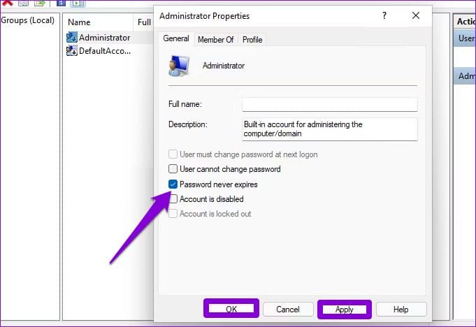 Disable Password Expiration for a Local User Account Using Computer Management
