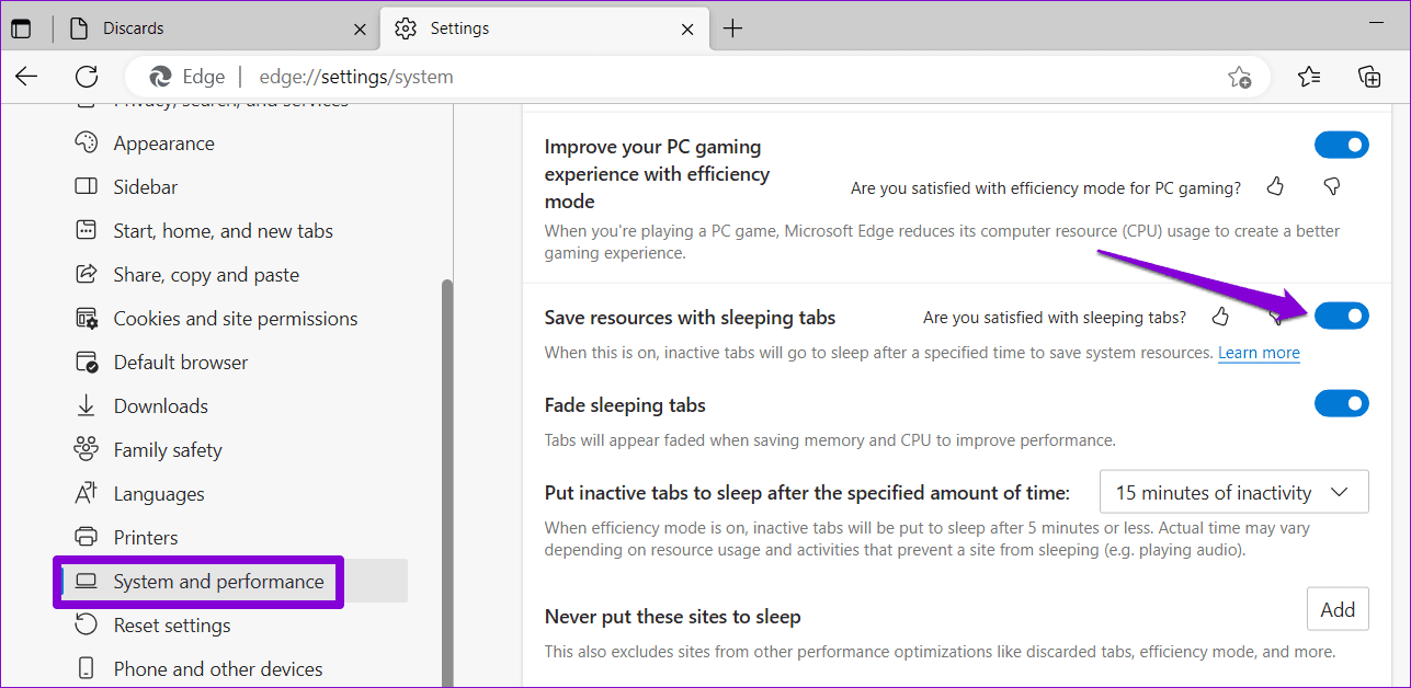 Disable Sleeping Tabs in Edge