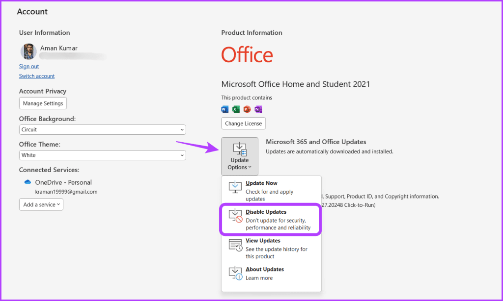 Disable updates button in Word
