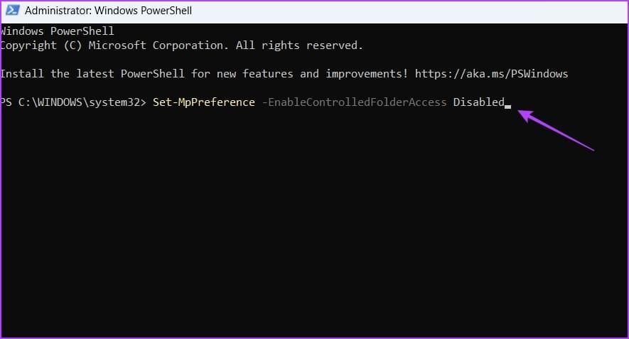 Disabling CFA in PowerShell
