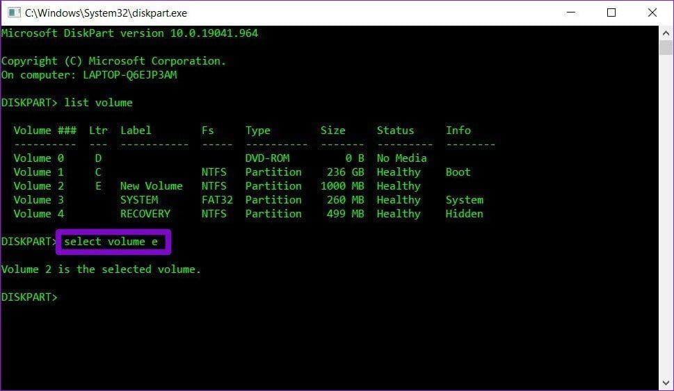 Disk Volume Selected
