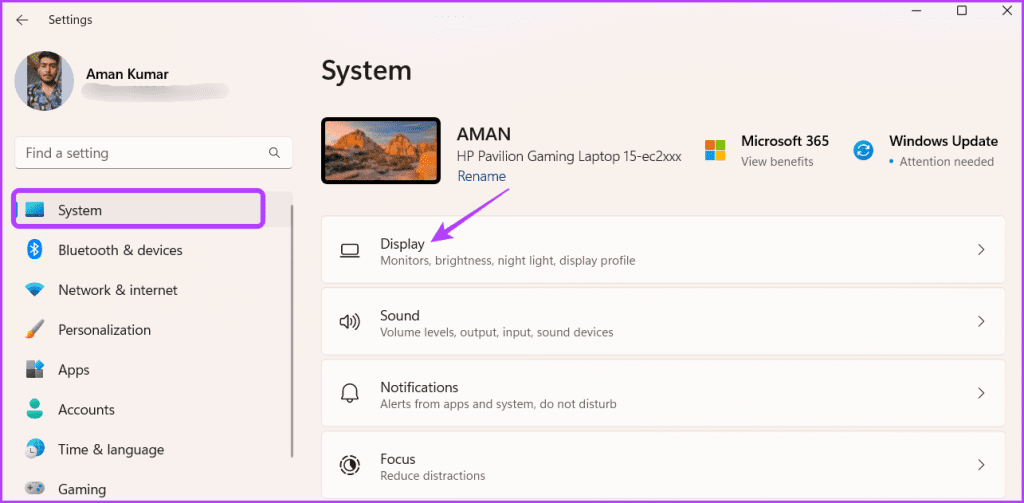 Display option in Settings
