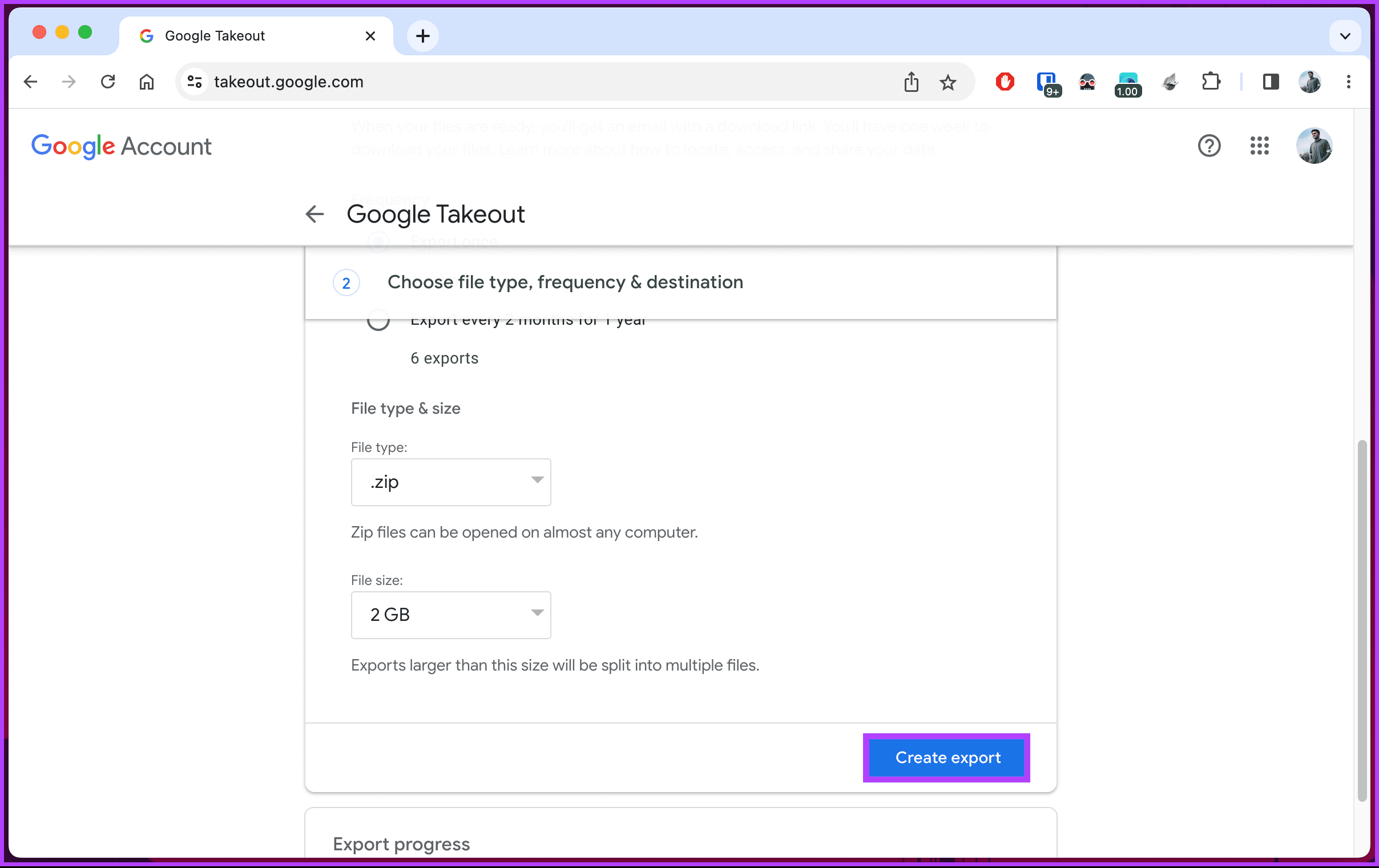 click Create export