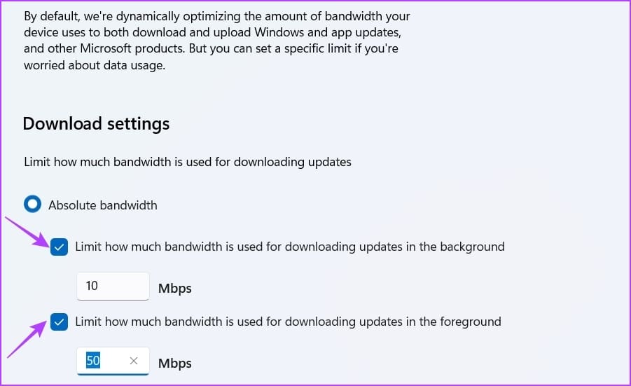 Download settings section in Settings app