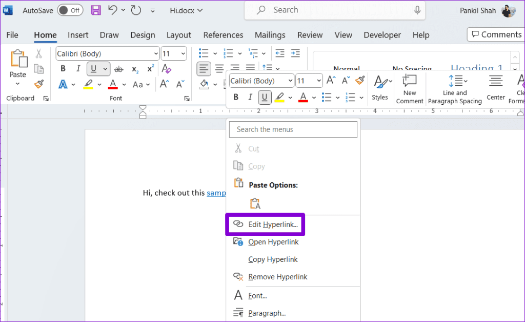 Edit Hyperlink in Word
