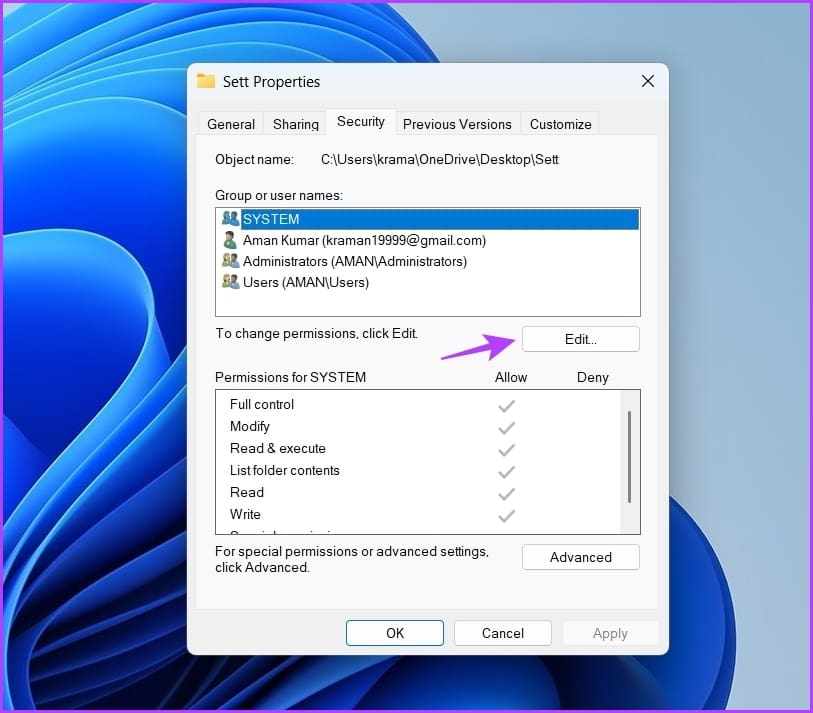 Edit option in Folder properties