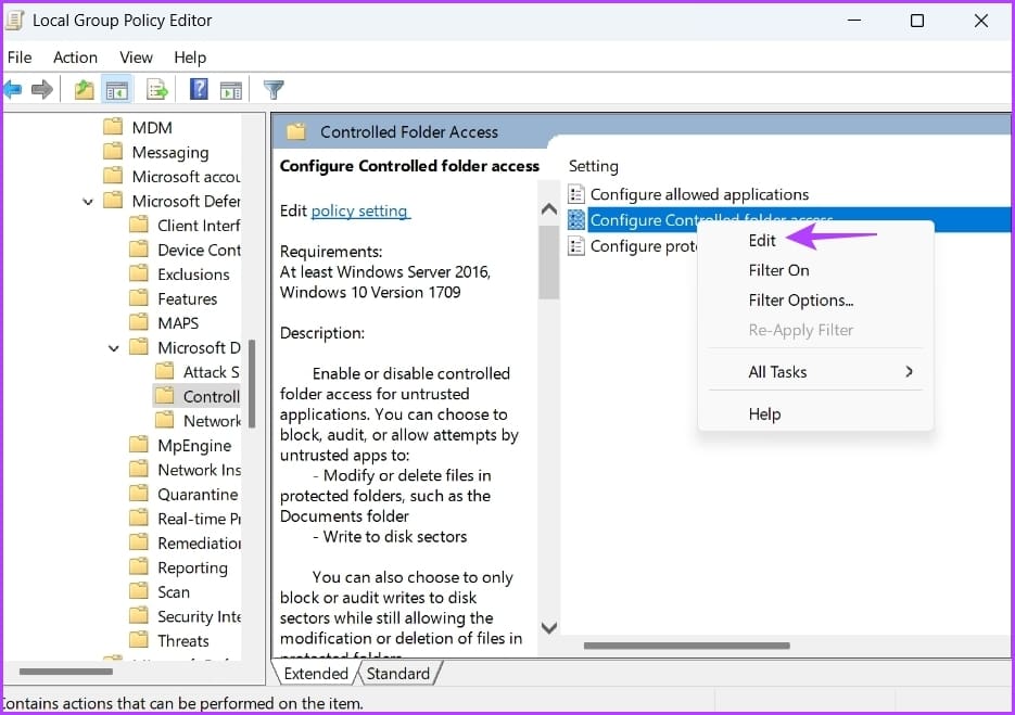 Edit options in the Local Group Policy Editor