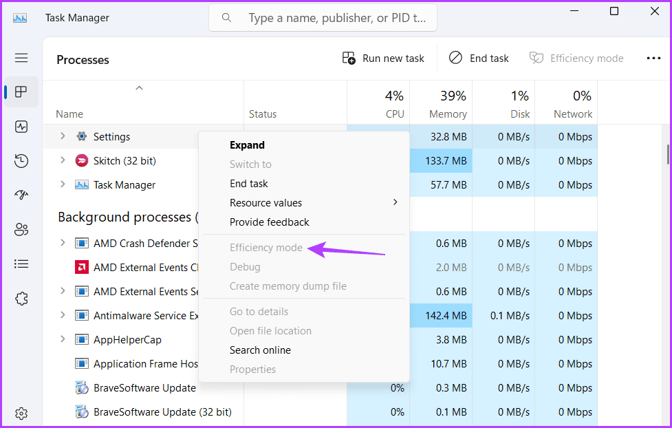 Efficiency Mode option greyed out in Task Manager