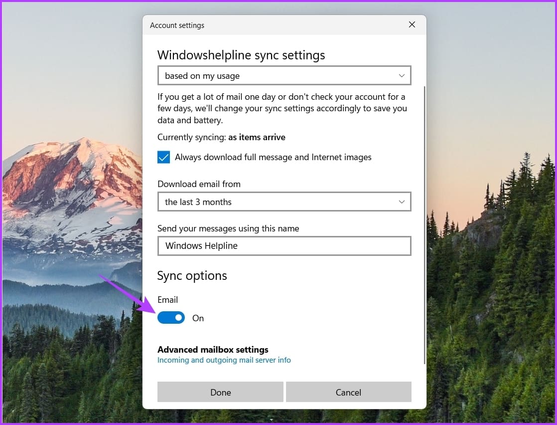 Email option toggle in the Mail app