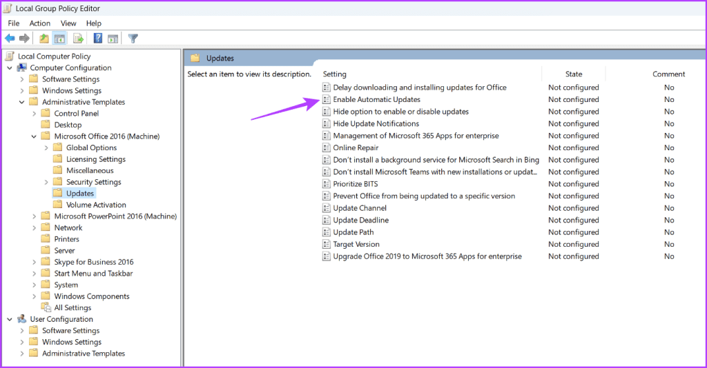 Enable Automatic Updates policy in the local group policy editor
