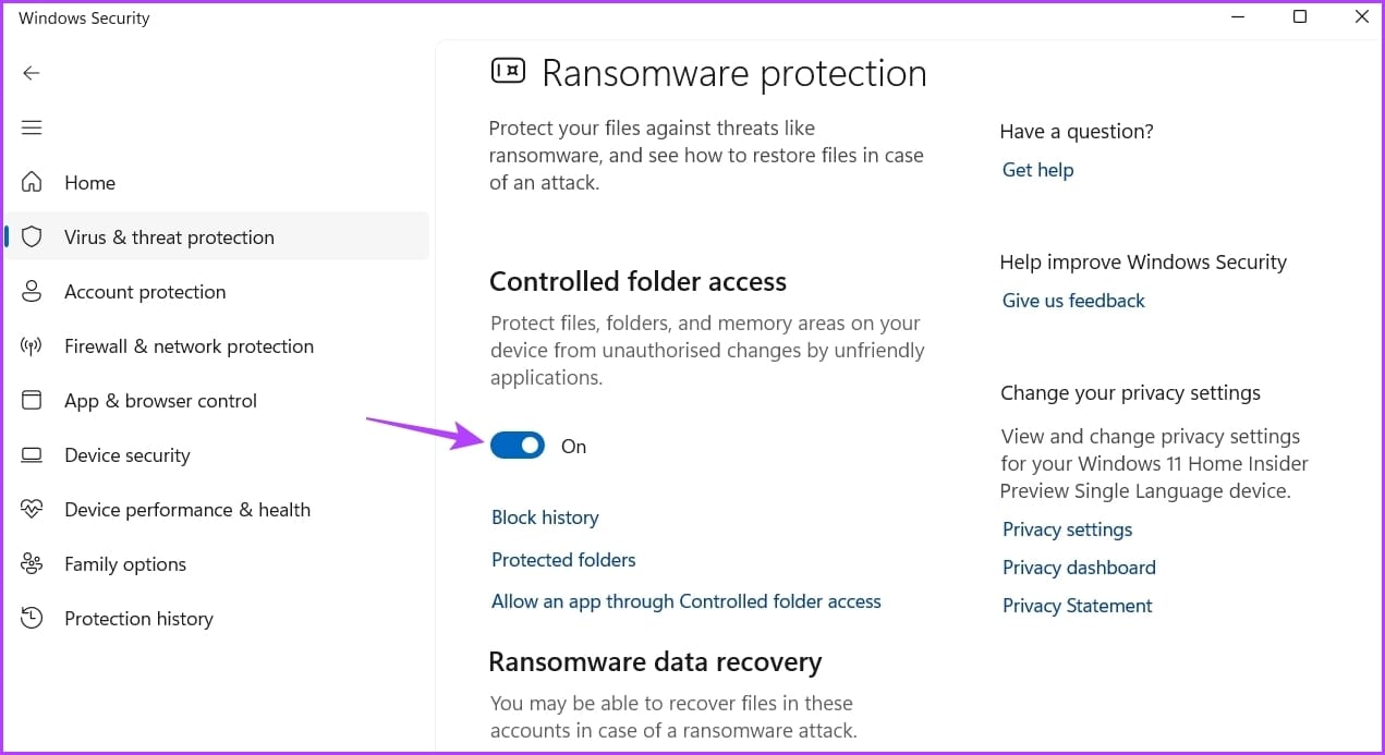 Enable Controlled folder access in Windows Security