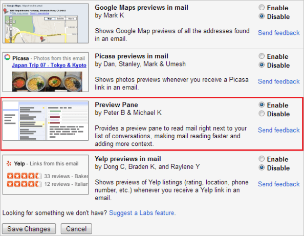 Enable Gmail Preview Pane