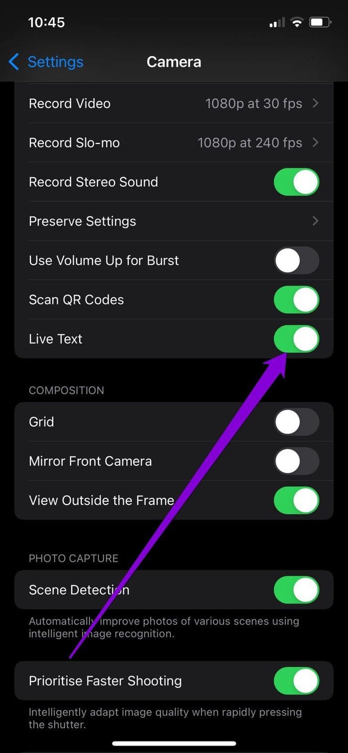 Enable Live Text for Camera on i Phone