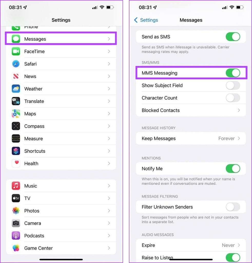 Toggle on MMS 