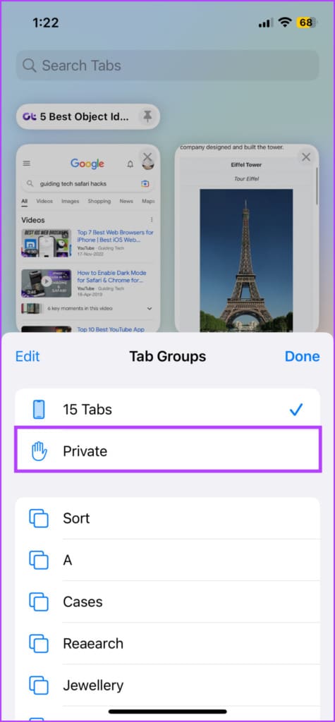 Select Private to open Safari incognito mode