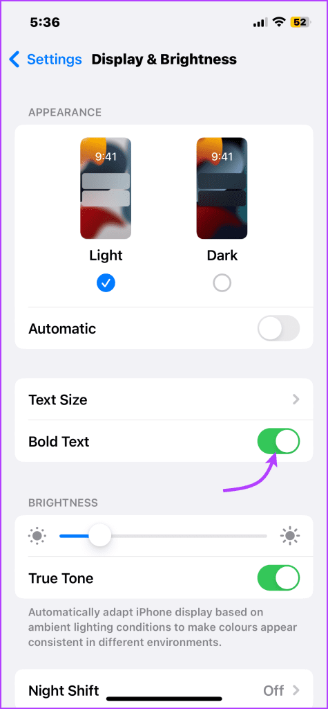 Toggle on Bold text 