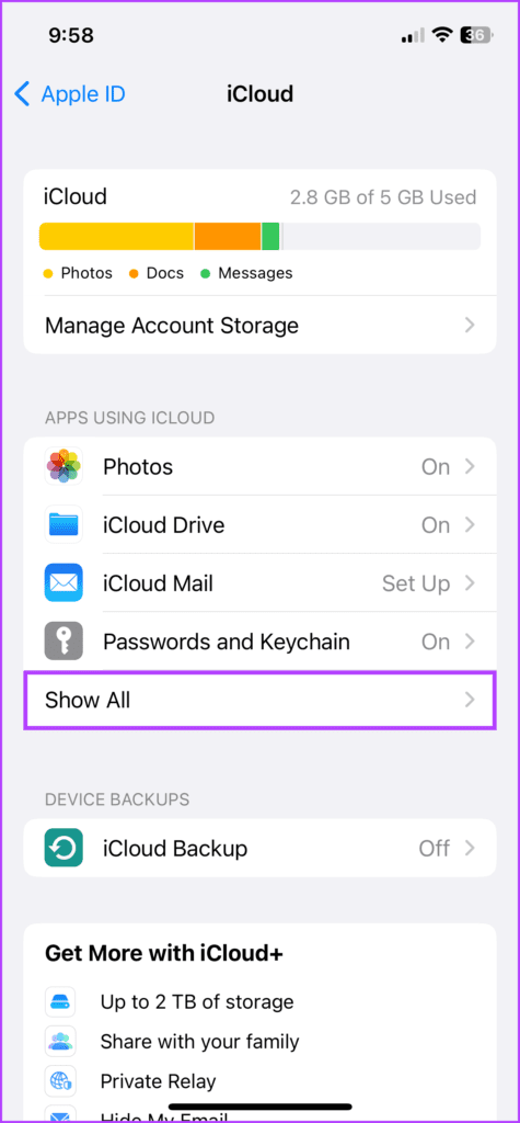 Tap show all to view all settings using iCloud