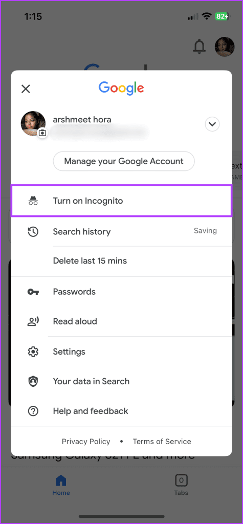 Tap Turn on Incognito