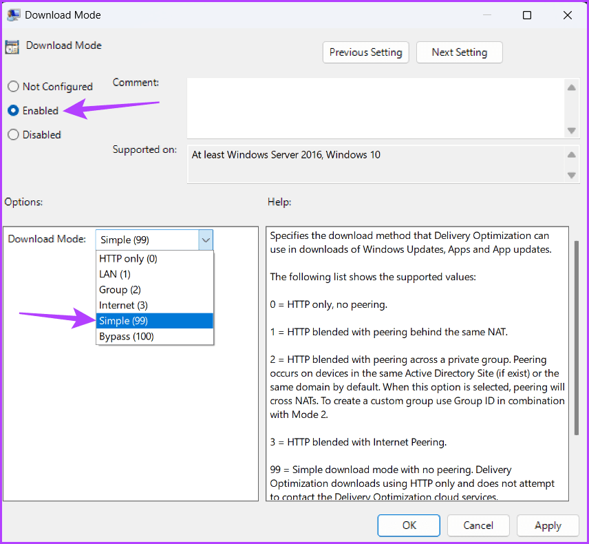 Enabled option In the Local Group Policy Editor